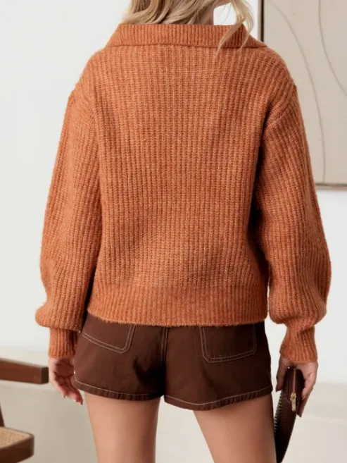 100% Wool Button-Up Neck Pullover Sweater