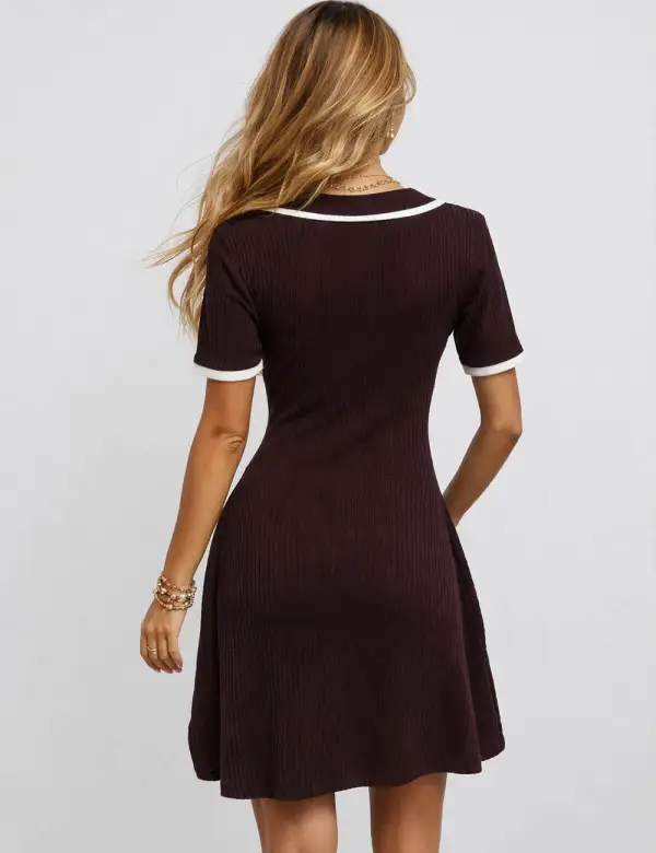 Chic Ribbed Knit Color Block V Neck Button Mini Dress