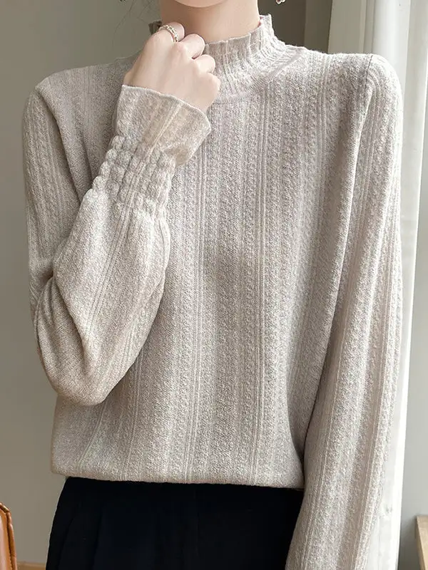 Long Sleeve Relaxed Elasticity Ruffle Trim Mock Neck T-Shirt