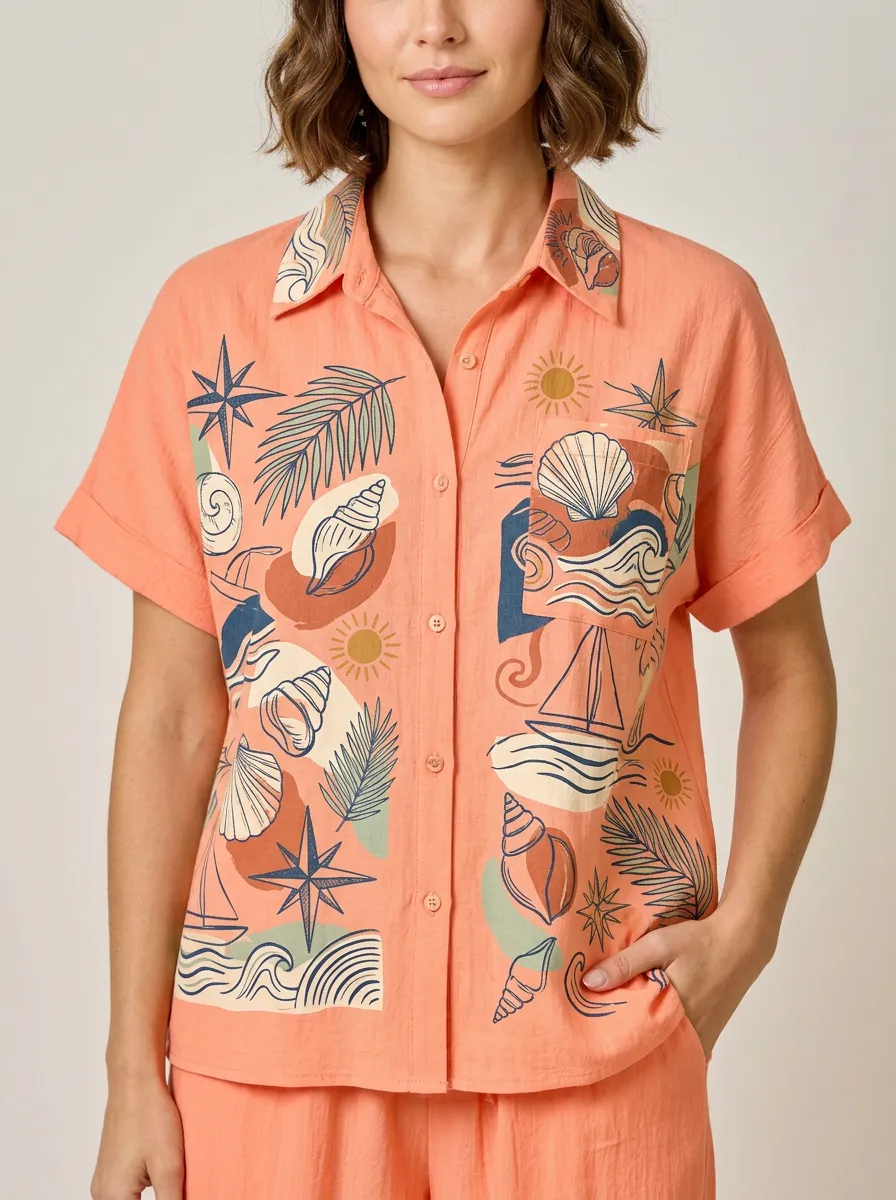 Women's Beach Vacation Seashell Sailboat Printed Button-up Shirt