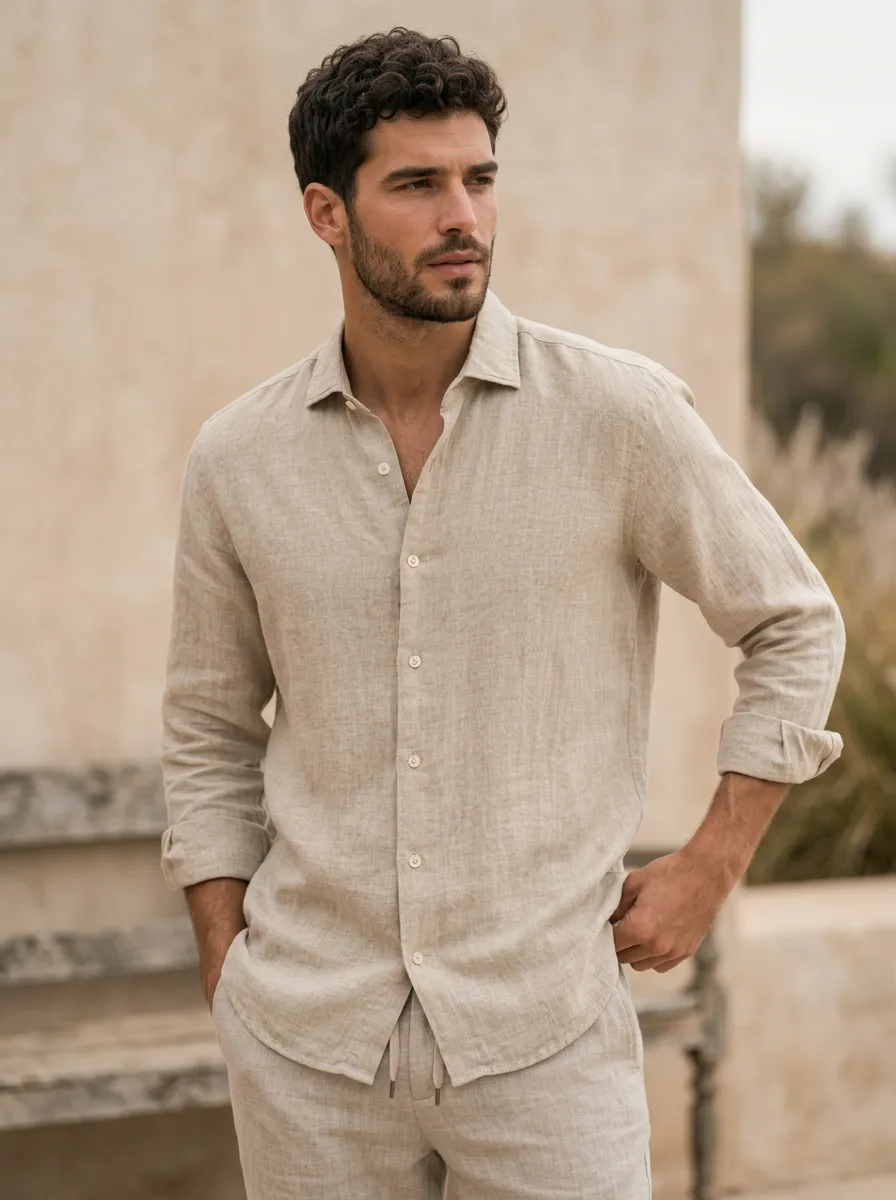 Men's Beige Long-Sleeve Button-Down Shirt