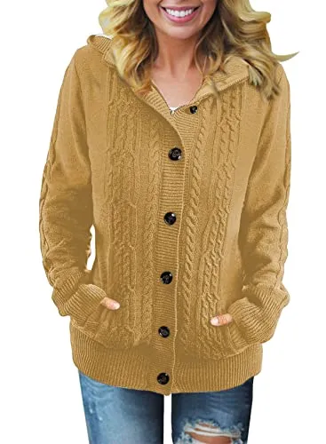 Women Hooded Knit Cardigans Button Cable Sweater Coat
