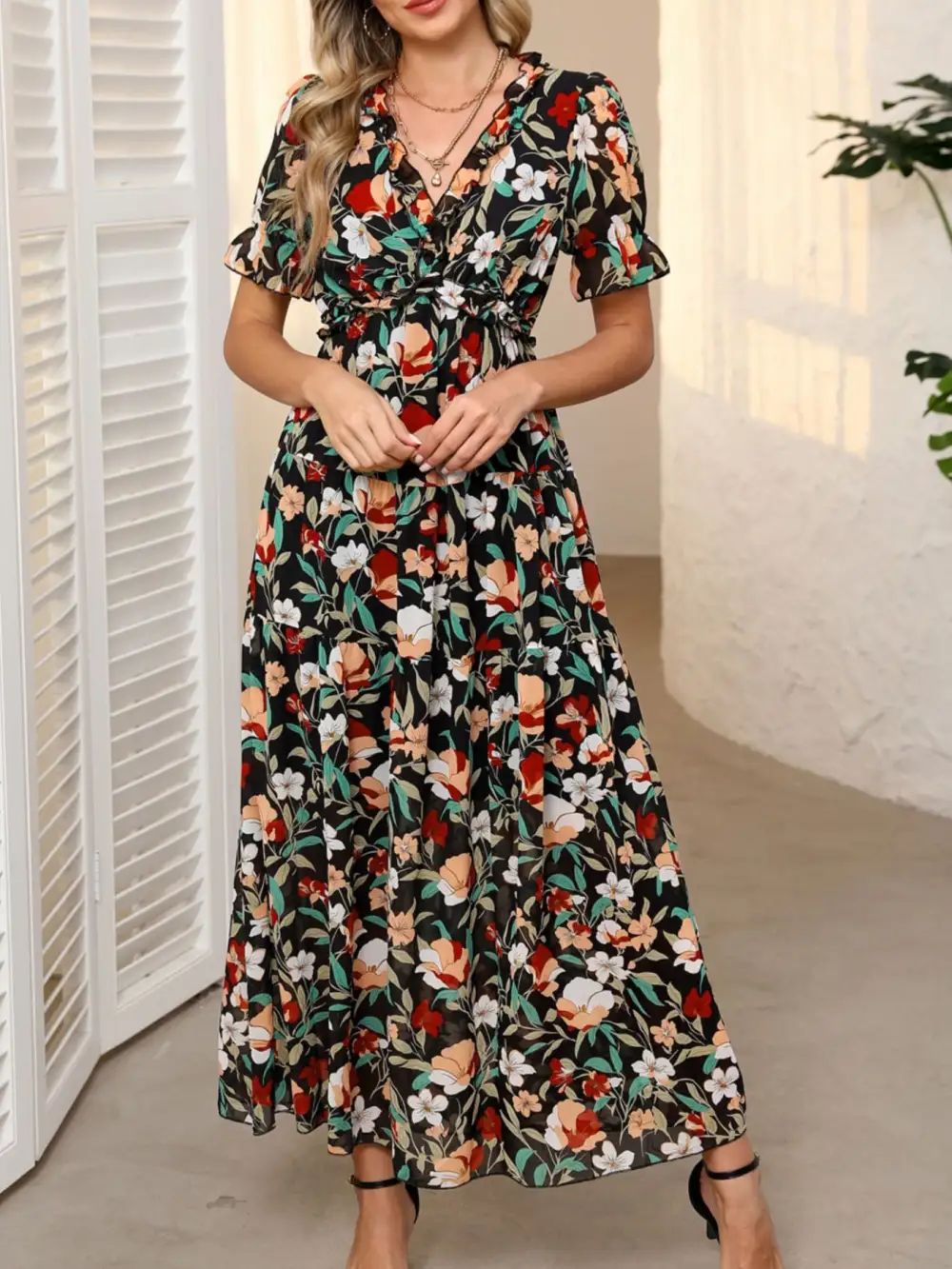 Polished Detail Floral Printed V Neck Maxi Dress