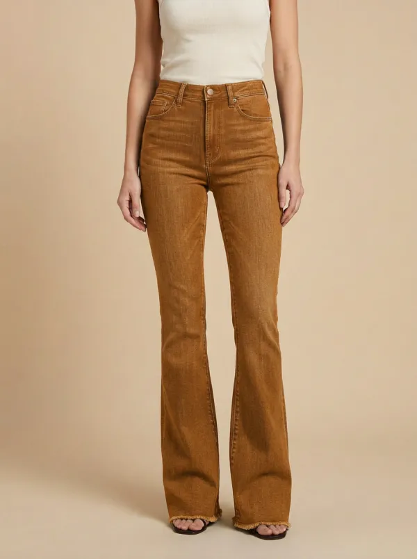 Women's High-Rise Frayed Hem Flare High-Rise Waist Single Button Jeans