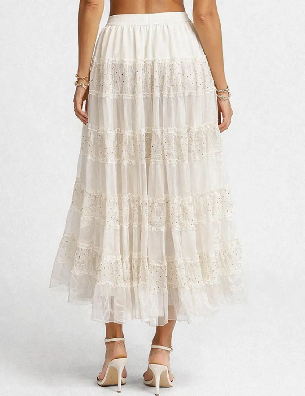 Elastic Waist Sequin Tiered Hem Mesh Maxi Skirt