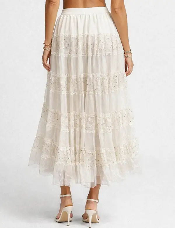 Elastic Waist Sequin Tiered Hem Mesh Maxi Skirt