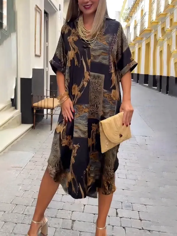 Retro Satin Print V Neck Shirt Midi Dress