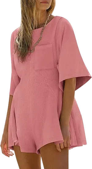 Women’s Summer Slim Fit Romper – Short Sleeve Crew Neck Jumpsuit with Pocket