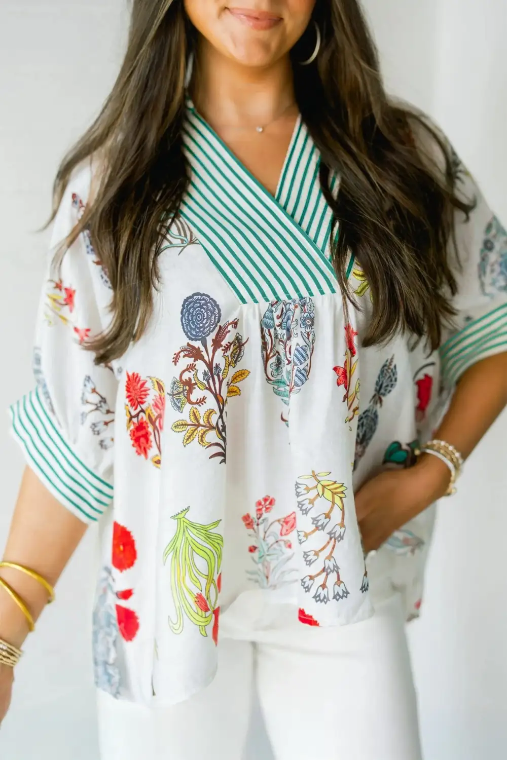 Beige Floral Print Striped Contrast Trim V Neck Half Sleeve Blouse
