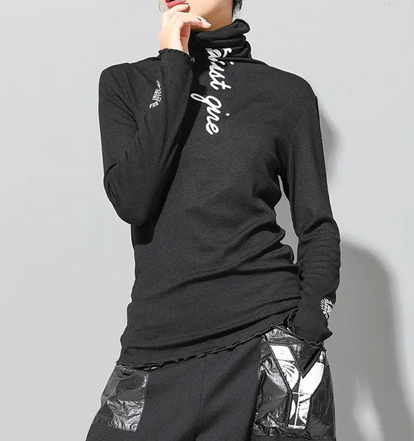 Casual Long Sleeve Slim Fit Letter Print High Neck T-Shirt