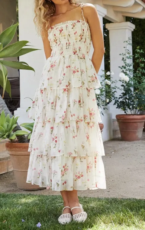 White Floral Tiered Ruffle Maxi Dress