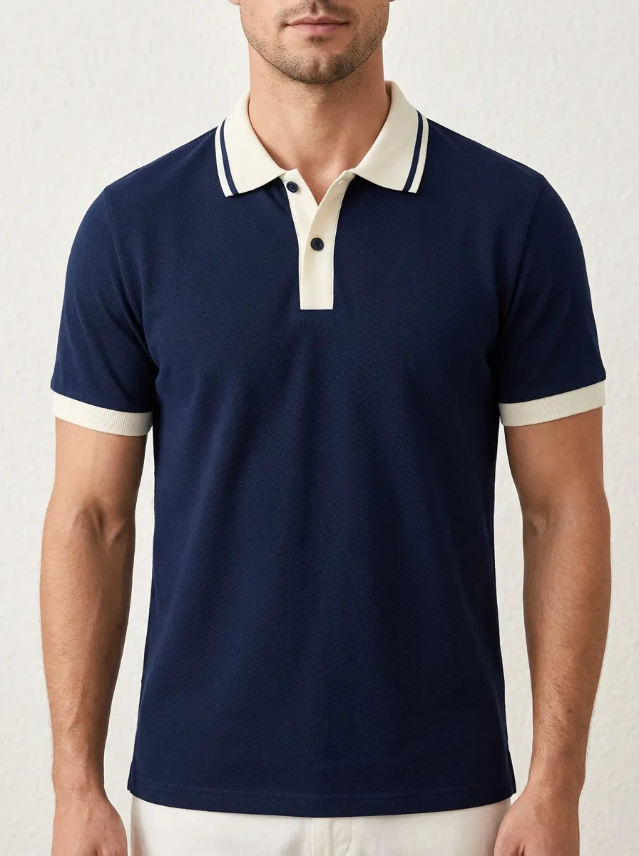 Men's Navy Blue Contrast-Collar Short Sleeve Polo Shirt