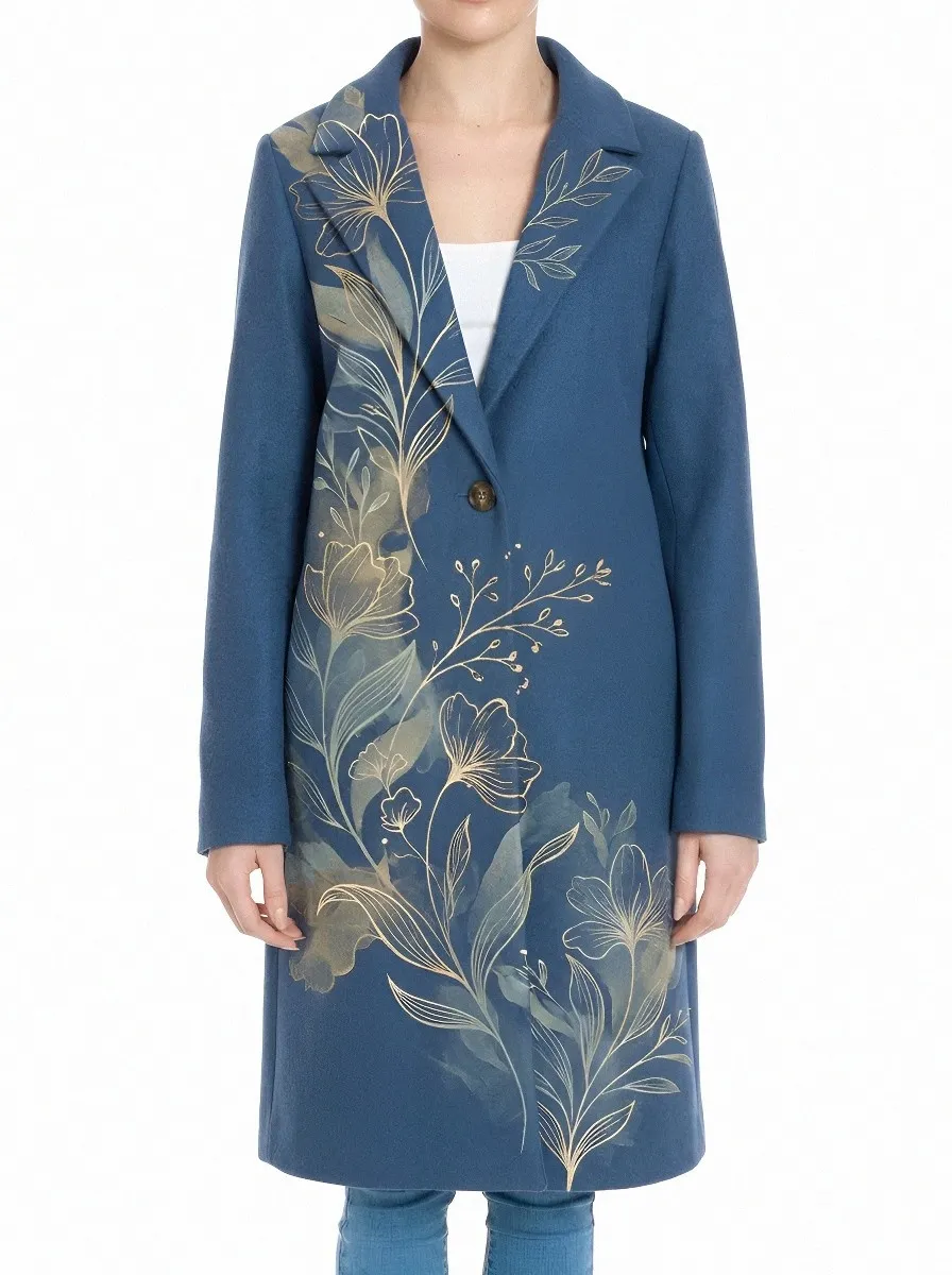 Women's Sleeve Detail Floral Nature Lover Gold Botanical Wool Coat