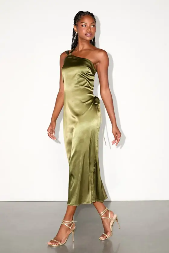 Yvonne Rust Orange Satin One-Shoulder Midi Dress