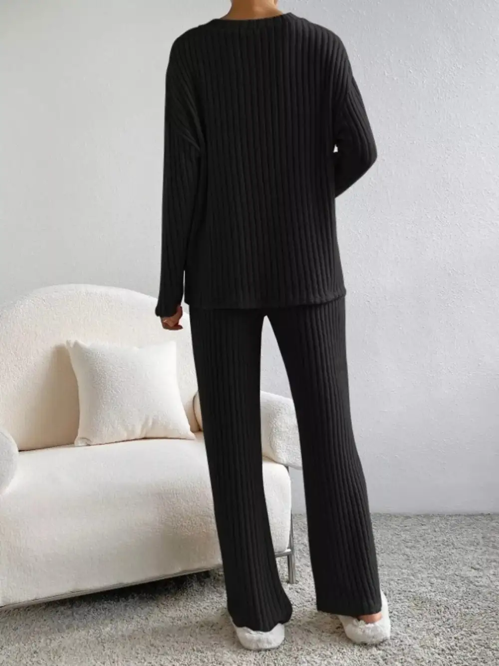 Classic Ribbed Knit V Neck Top and Pants Set