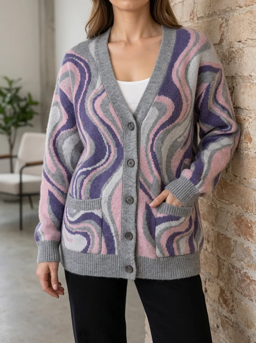 Women's Retro Swirl Pattern Pink Purple Printed Cardigan