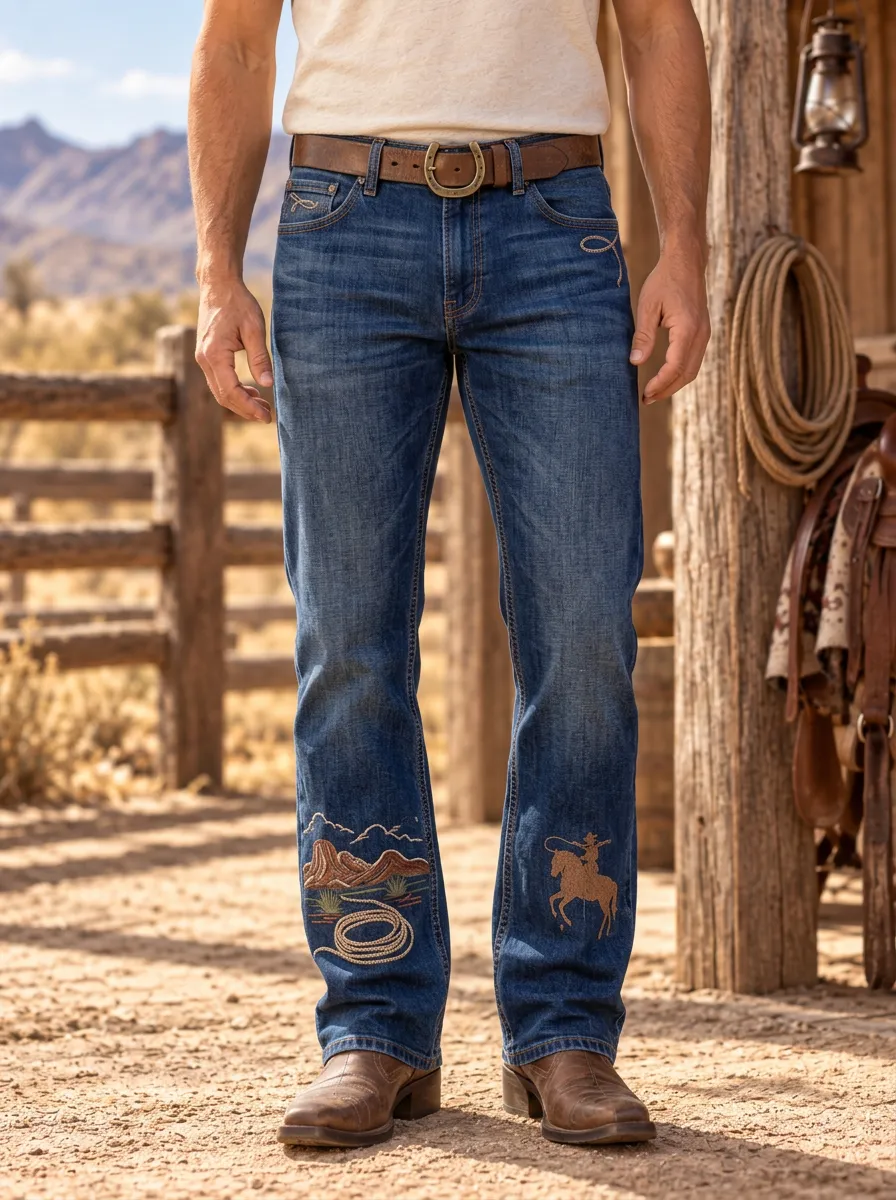 Men's Western Cowboy Lasso Desert Landscape Jeans