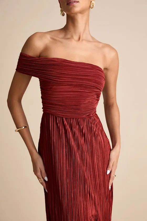 Poised Performance Fuchsia Plisse One-Shoulder Maxi Dress