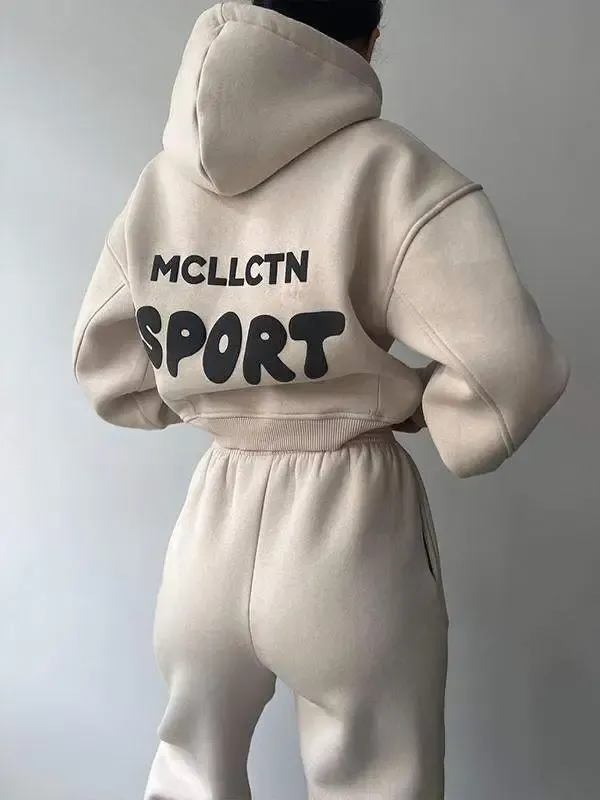 Casual fleece long-sleeved printed hoodie pant suit