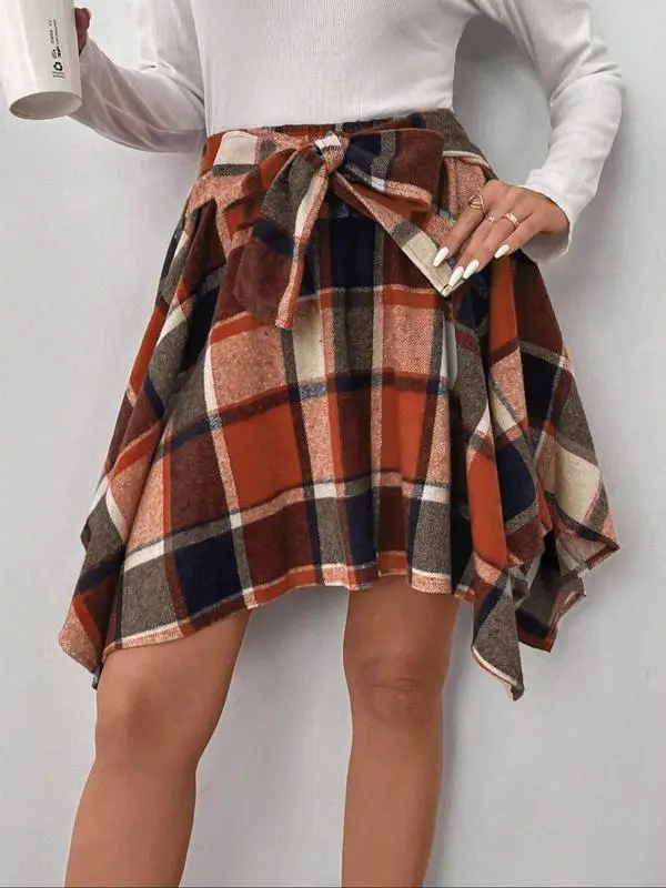 Women's Fashion Style Plaid Print Asymmetrical Hem High Waist Skirt, Casual Comfort Elastic Waist Tiered Layer Knee Length Skirt for Summer Going Out Streetwear, Fashionable Trendy Plaid Skirt, Womenswear Everyday Bottom