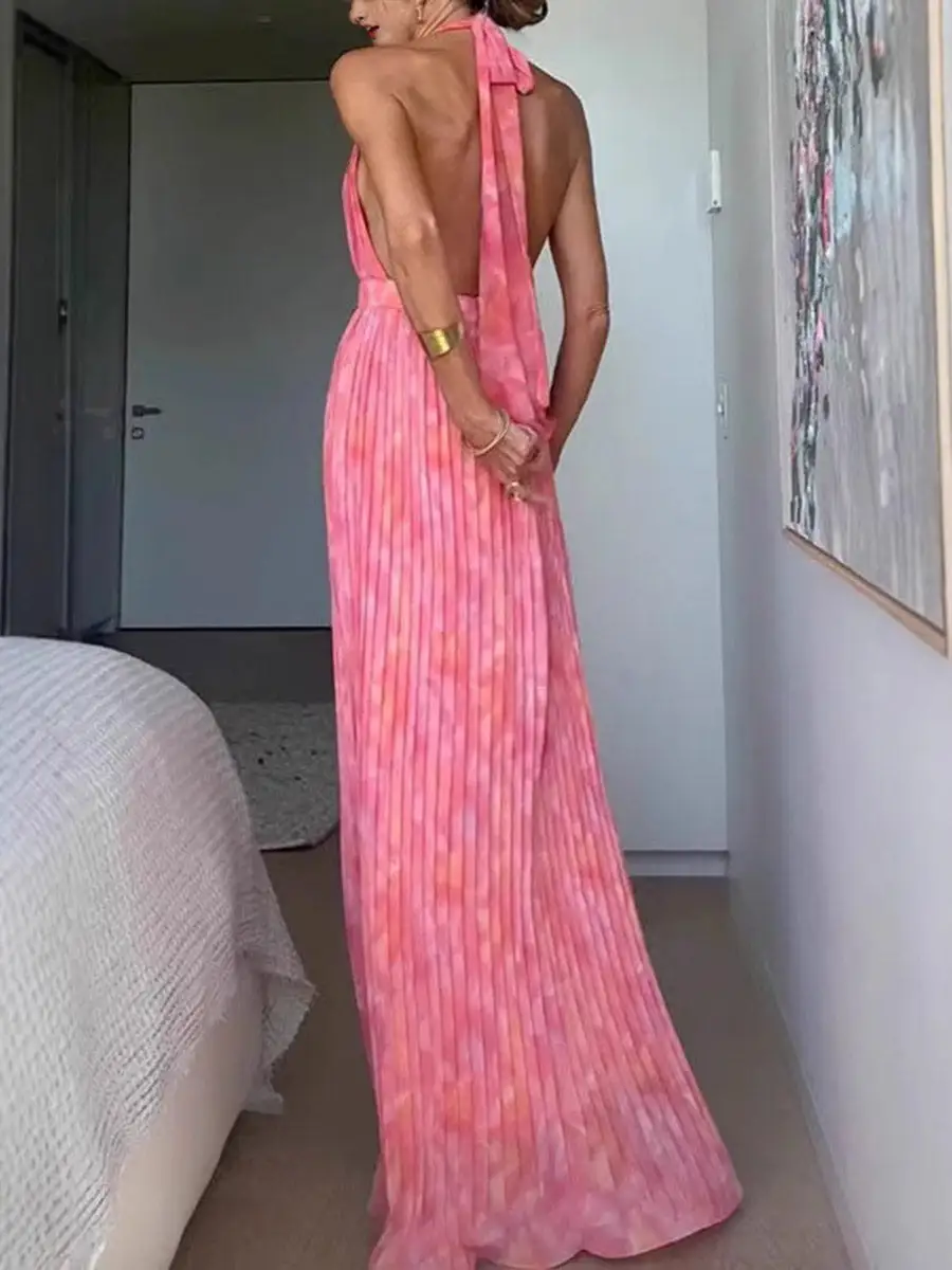 High Pleated Printed Neck Maxi Dress