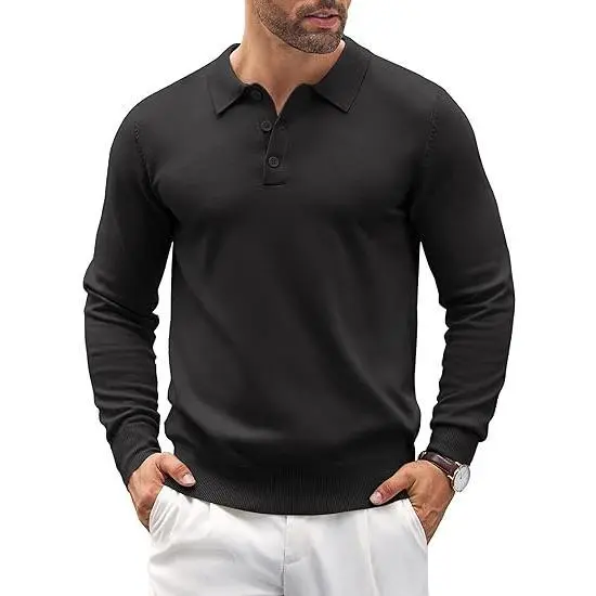 🧵 Men’s Soft Knit Long Sleeve Polo Shirt – Classic Style, Modern Comfort