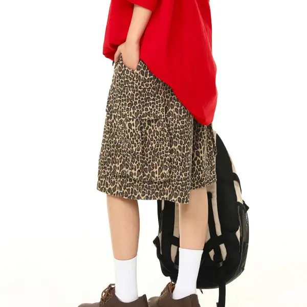 Leopard Print Multi Pocket Wide Leg Cargo Shorts
