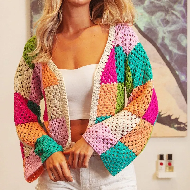 Open Front Checkered Cardigan