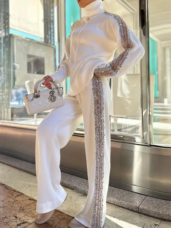 Sequined High Neck Sweater Pants Set