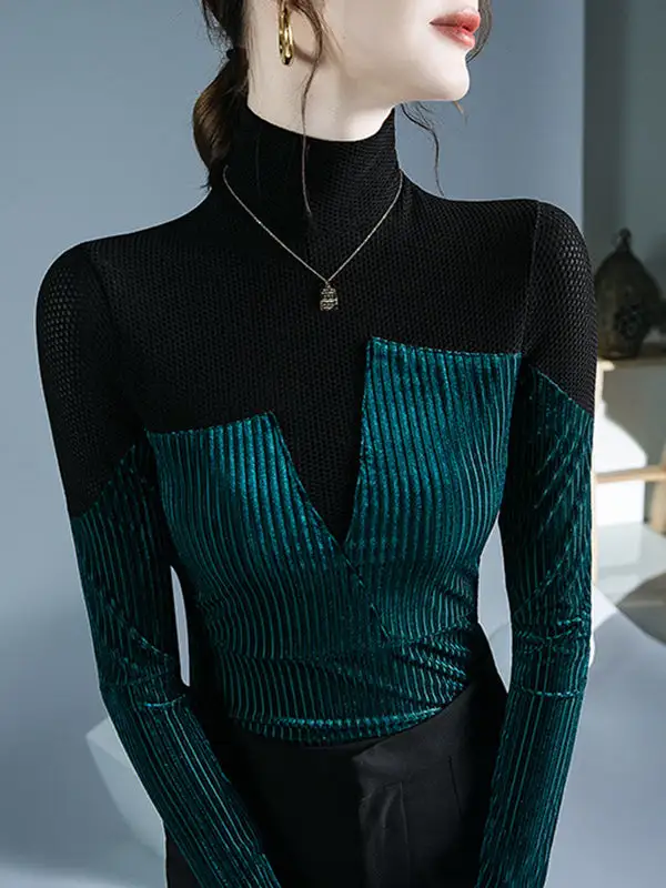 Long Sleeve Slim Fit Contrast Panel Detail High Neck T-Shirt