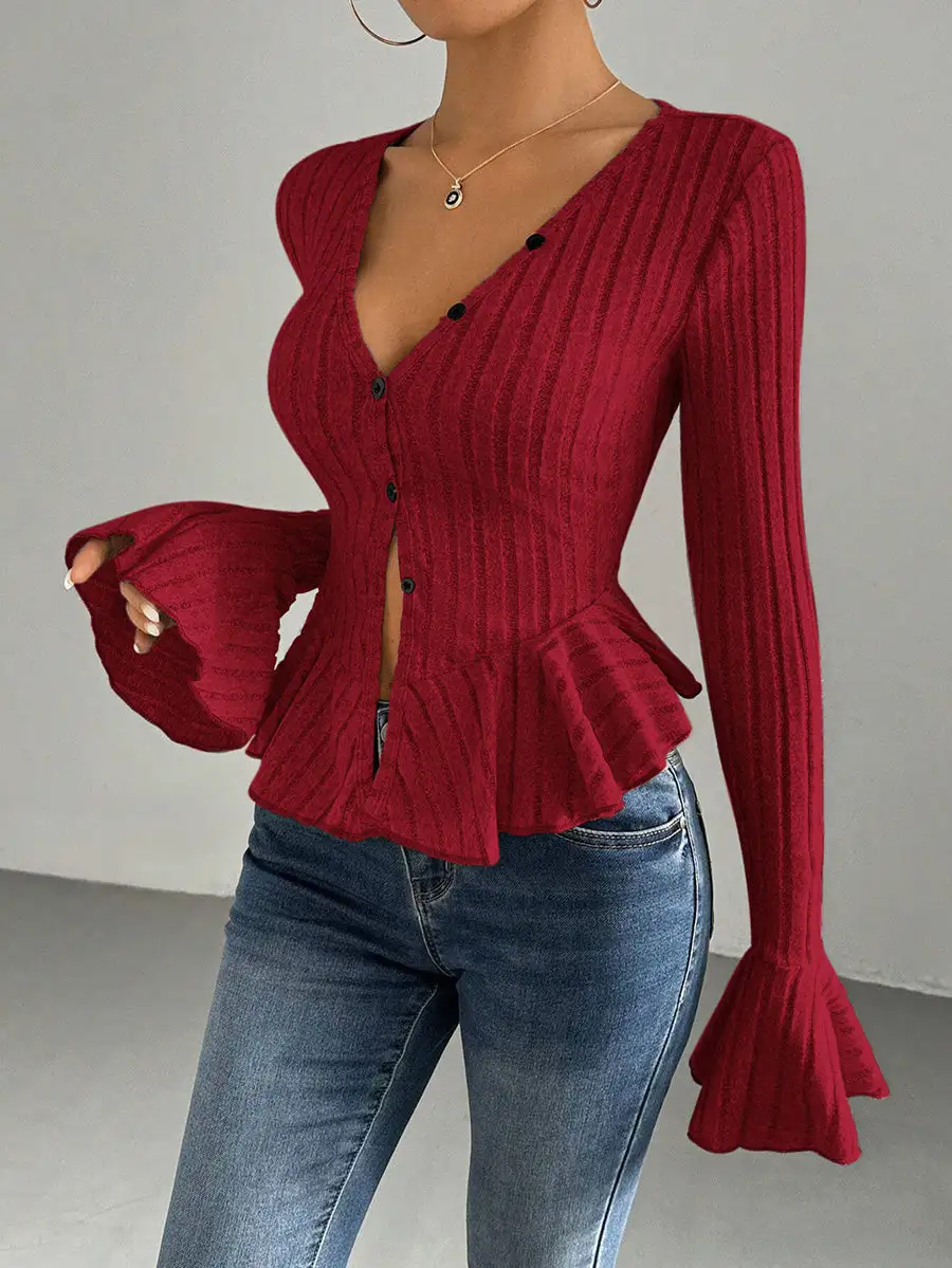 Flared Sleeve Long Sleeve Button Detail Ruffle Panel Detail Deep V-Neck T-Shirt