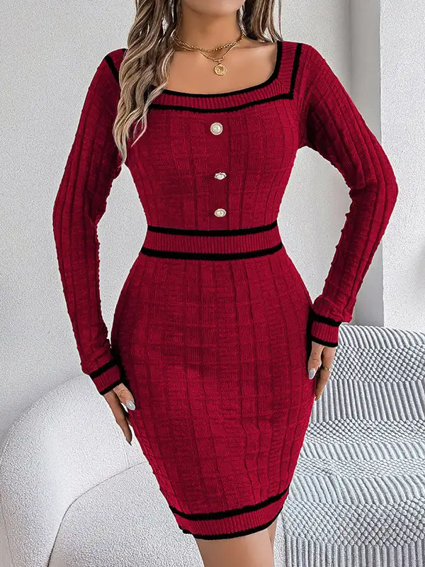 Bodycon Long Sleeve Buttoned Contrast Color Plaid Square Neck Mini Dress