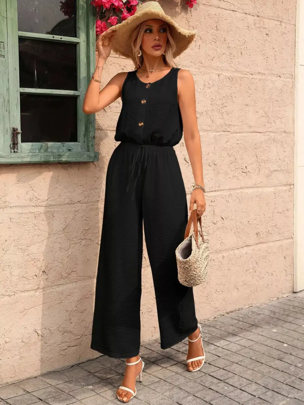 Sleeveless Button Front Wide Leg Jumpsuit