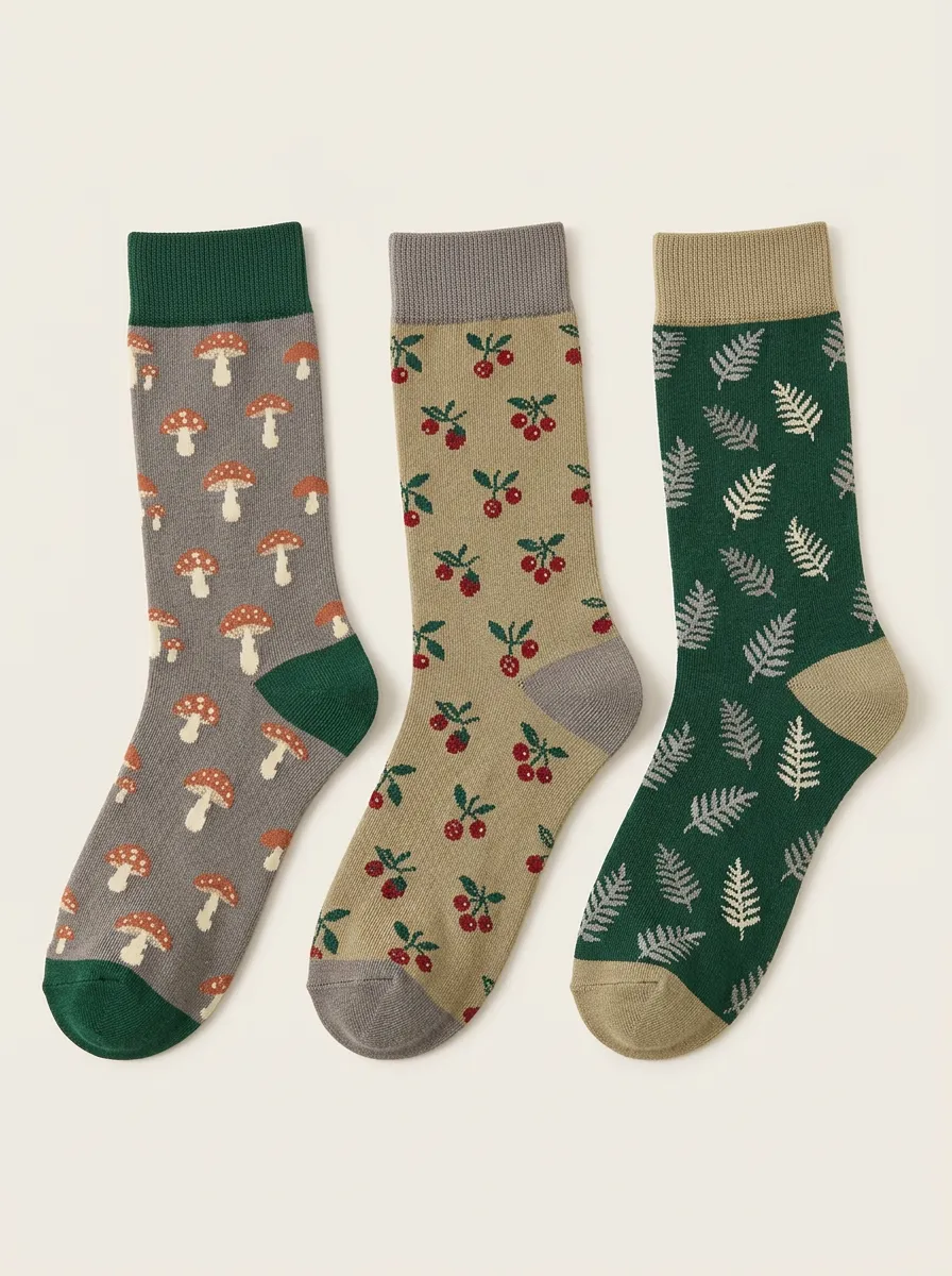 Patterned Mushroom Fern Cherry Three Pair Sock Set