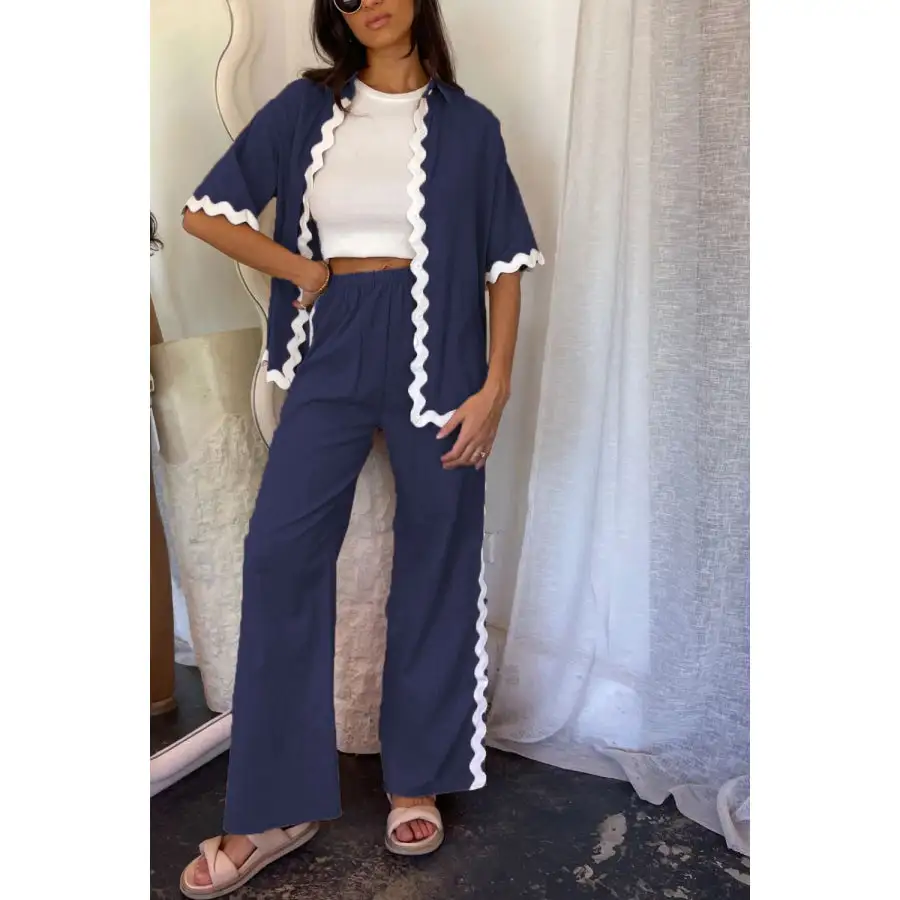 Everyday Contrast Trim Half Sleeve Top and Pants Set