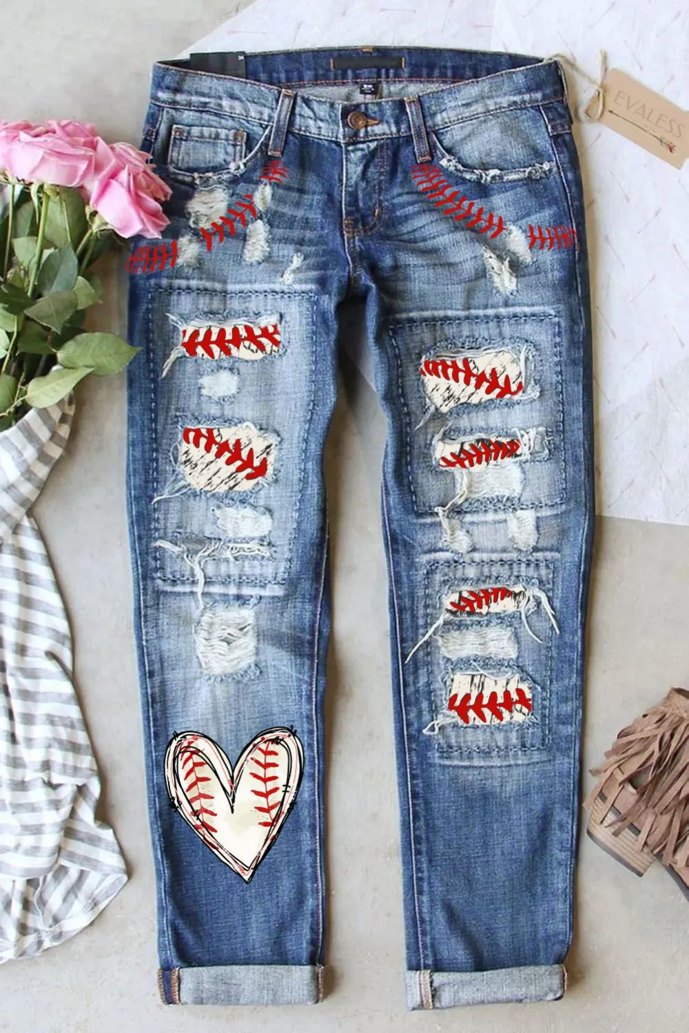 Baseball Heart Shift Casual Ripped Jeans