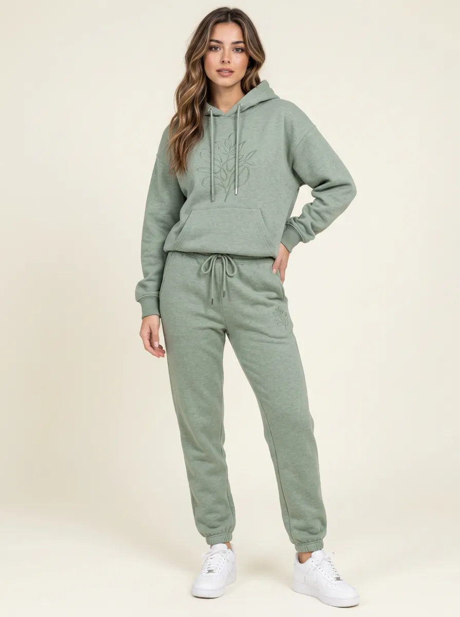Women's Sage Green Kangaroo Pocket Solid Hoodie & Pants Set