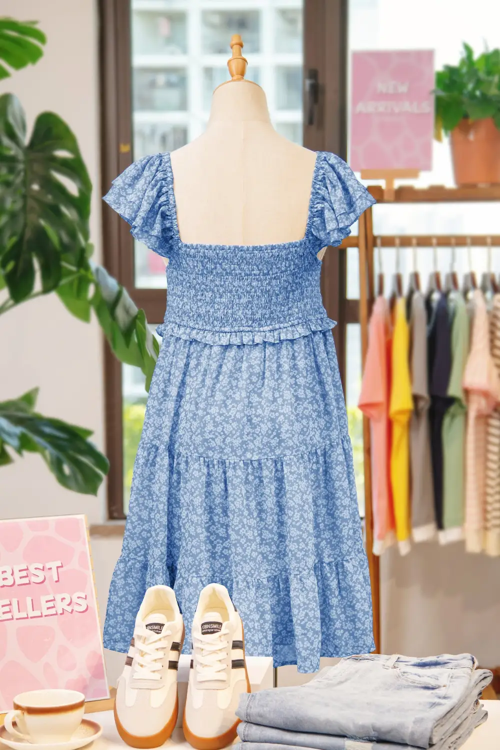Layered Detail Floral Printed Square Neck Mini Dress