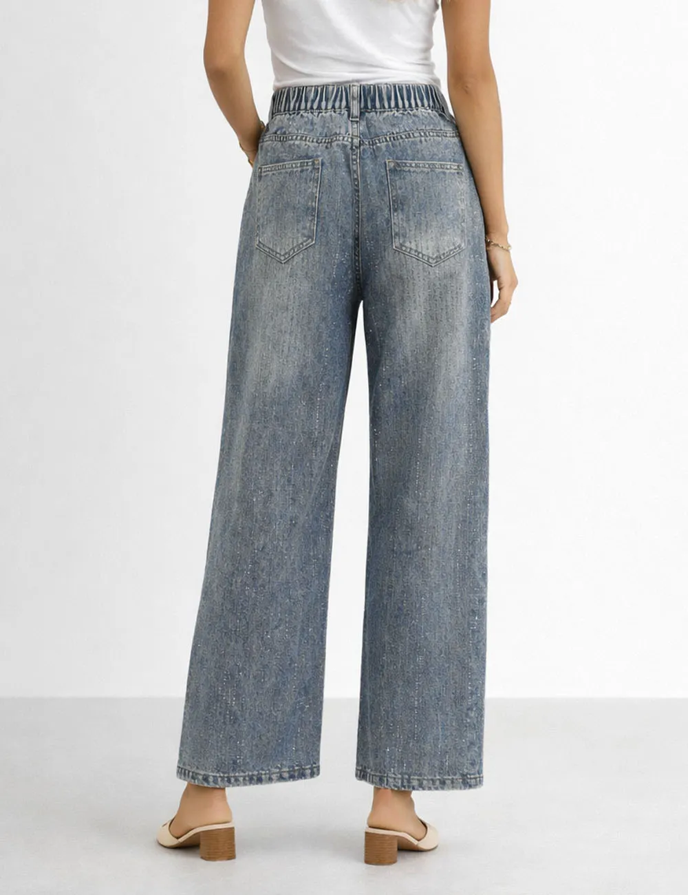 Allover Rhinestone Button-fly Wide Leg Denim Pants