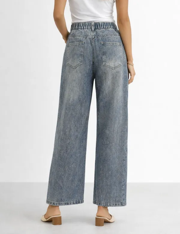 Allover Rhinestone Button-fly Wide Leg Denim Pants
