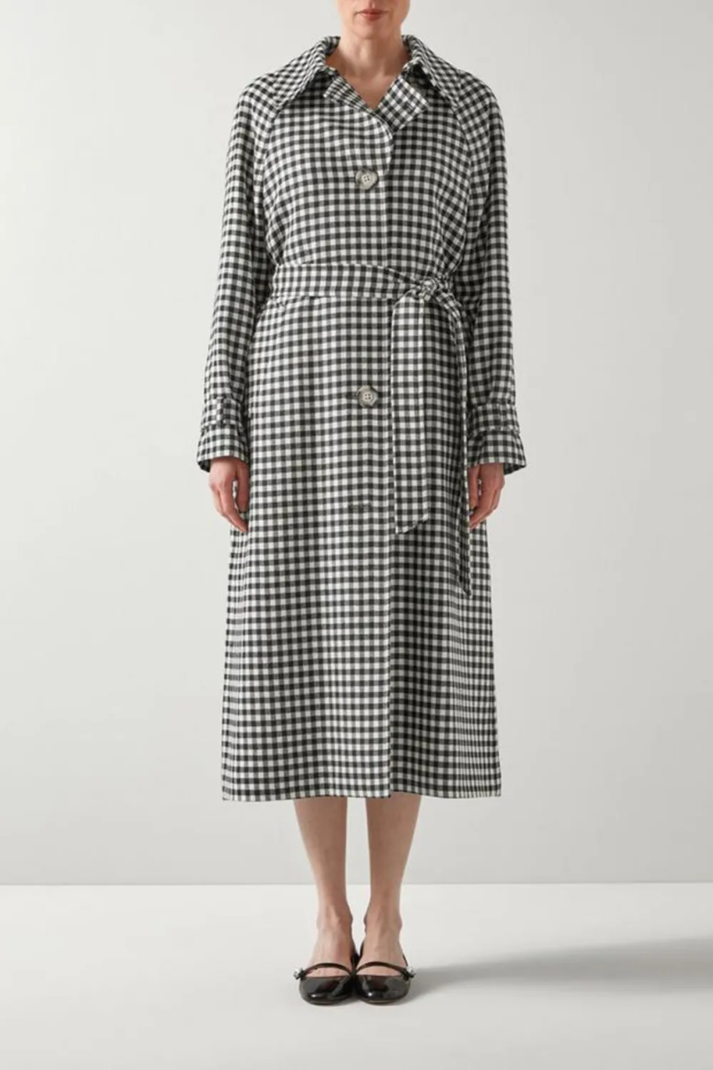 Black Cream Checkered Belted Long Coat