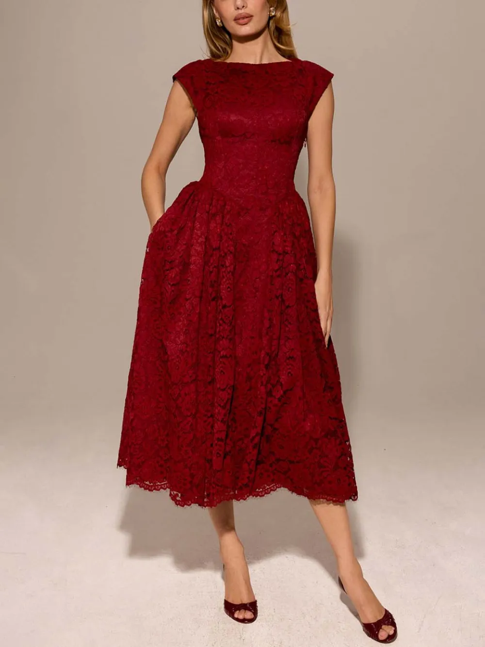 Elegant Lace Open Back Waist Midi Dress
