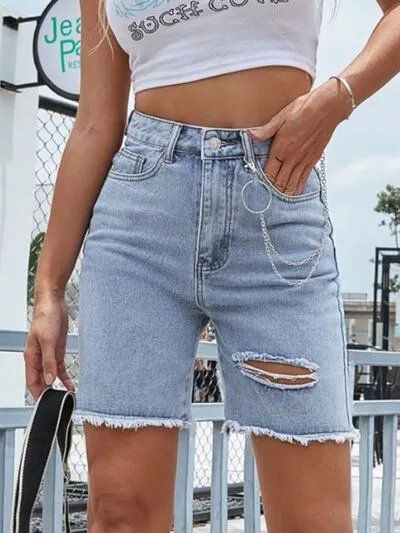 Classic Distressed Raw Hem Denim Shorts