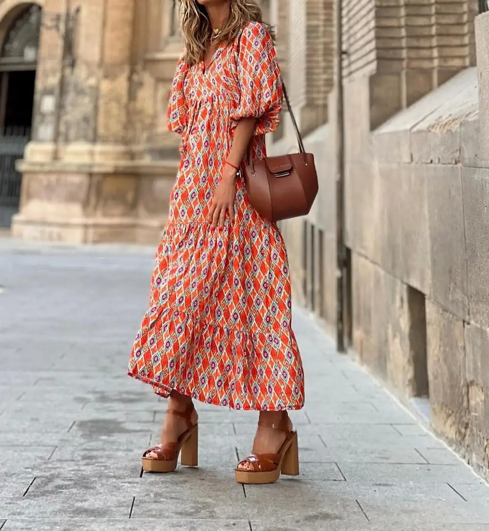 Elegant Short Sleeve Print Maxi Dress