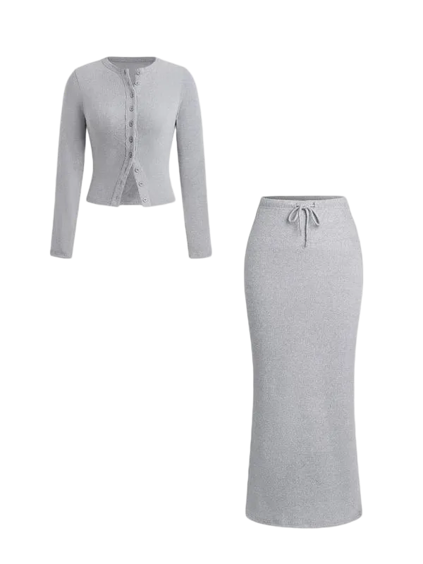 Women's Slim-Fit Long Sleeve Knitted T-Shirt Set, Elegant A-Line Skirt, Spring & Fall Fashion, Basic Style, Moderate Fabric