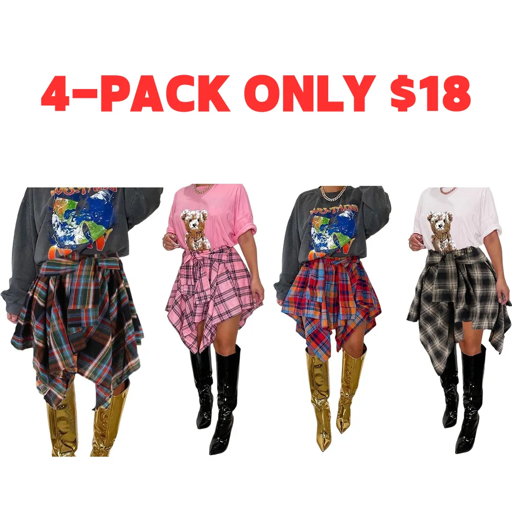 Women's Fashion Style Plaid Print Asymmetrical Hem High Waist Skirt, Casual Comfort Elastic Waist Tiered Layer Knee Length Skirt for Summer Going Out Streetwear, Fashionable Trendy Plaid Skirt, Womenswear Everyday Bottom