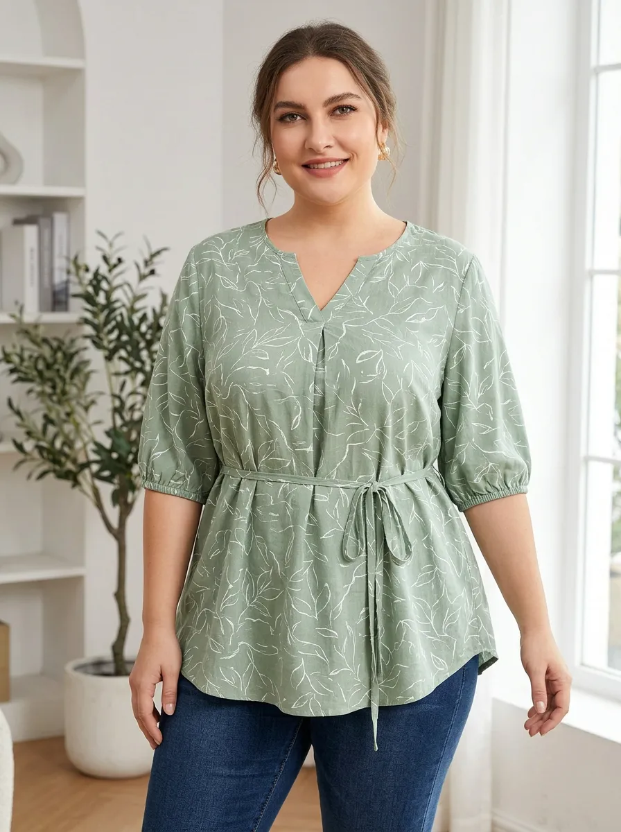 Women's Plus Size Sage Green Leaf Printed V-Neck Blouse