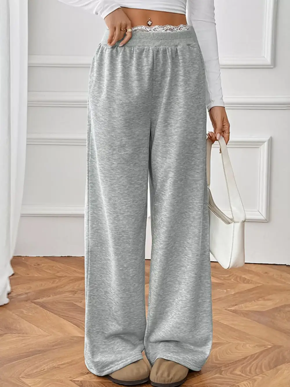 Wide Leg Lace Trim Drawstring Pocketed Pants