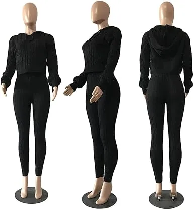 Women's Minimalist Textured Long Sleeve Crop Hooded Sweater& High Waist Skinny Pants Set