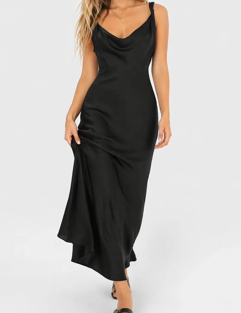 Chic Satin Cowl Neck Sleeveless Back Midi Dress